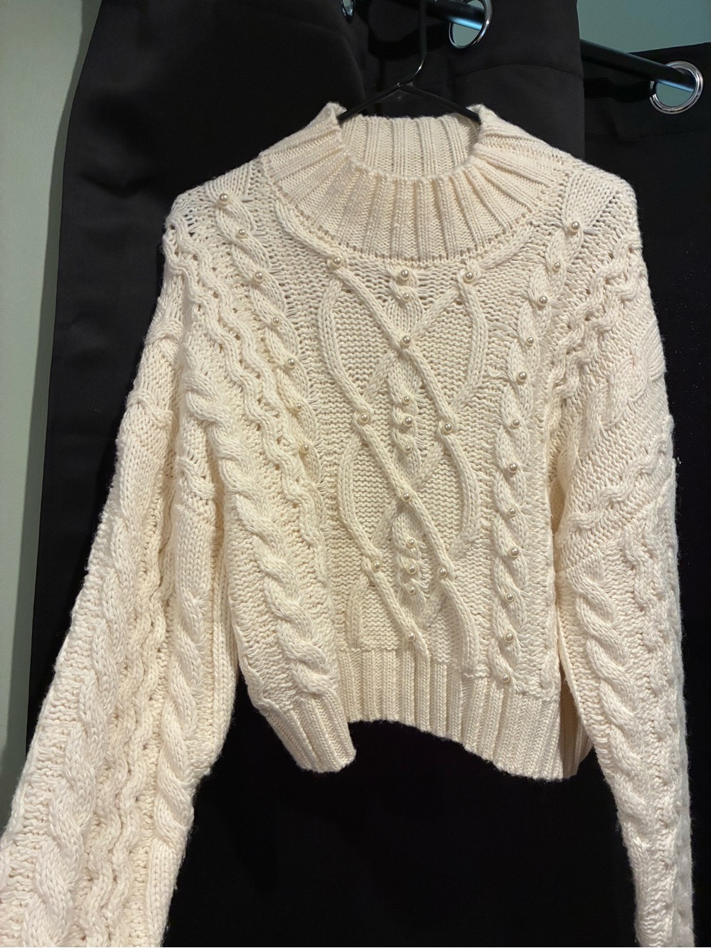 She + Sky Ivory Cable-Knit Pearl Mock-Neck Sweater